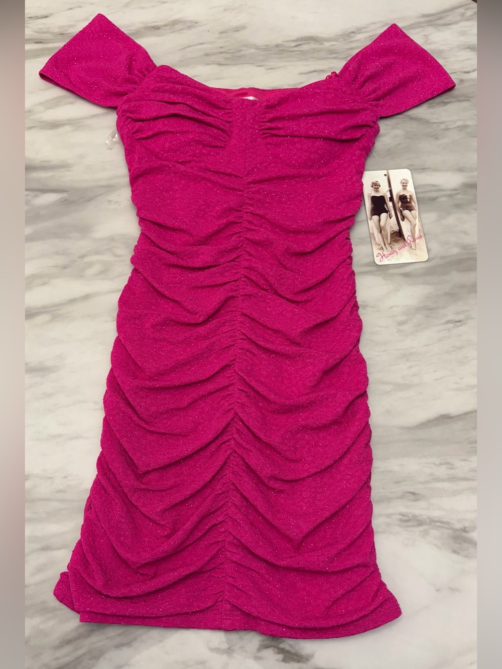 NWT Honey and Rosie Hot Pink Shimmer Ruched Mini Dress Off Shoulder S
